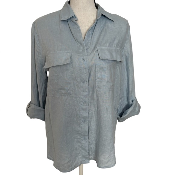 SOLD M Babaton Aritzia Linen Blue Relaxed Utility Button-up Shirt Womens Small - Picture 2 of 11